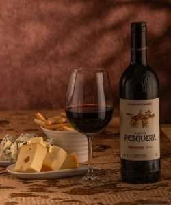 Gourmet wine and cheese setup featuring Tinto Pesquera bottle, ideal for culinary enthusiasts.